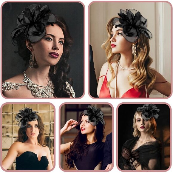 Vintage Black Feather Fascinator Hat with Lace Gloves for Tea Party Women Girl - Picture 8 of 8